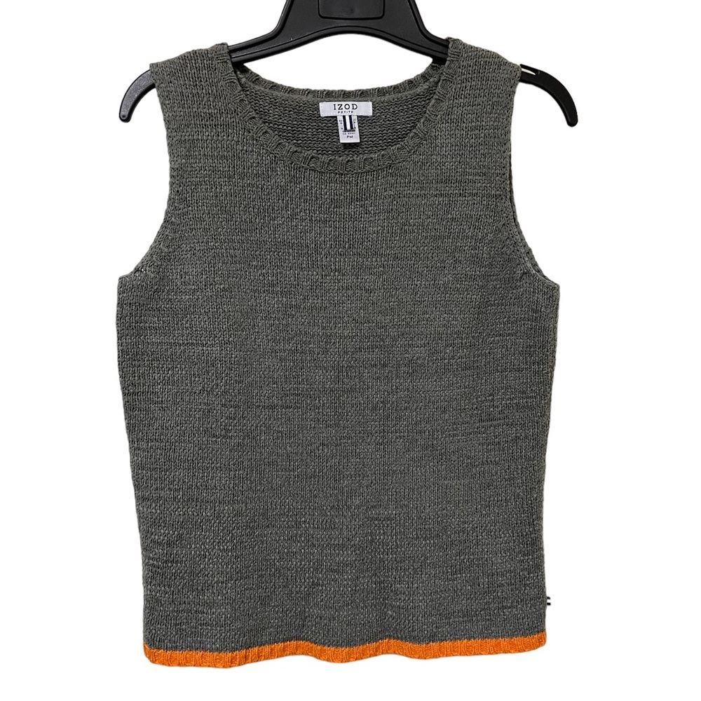 IZOD Petite Olive Green w Orange Trim Knit Sleeveless Sweater Top